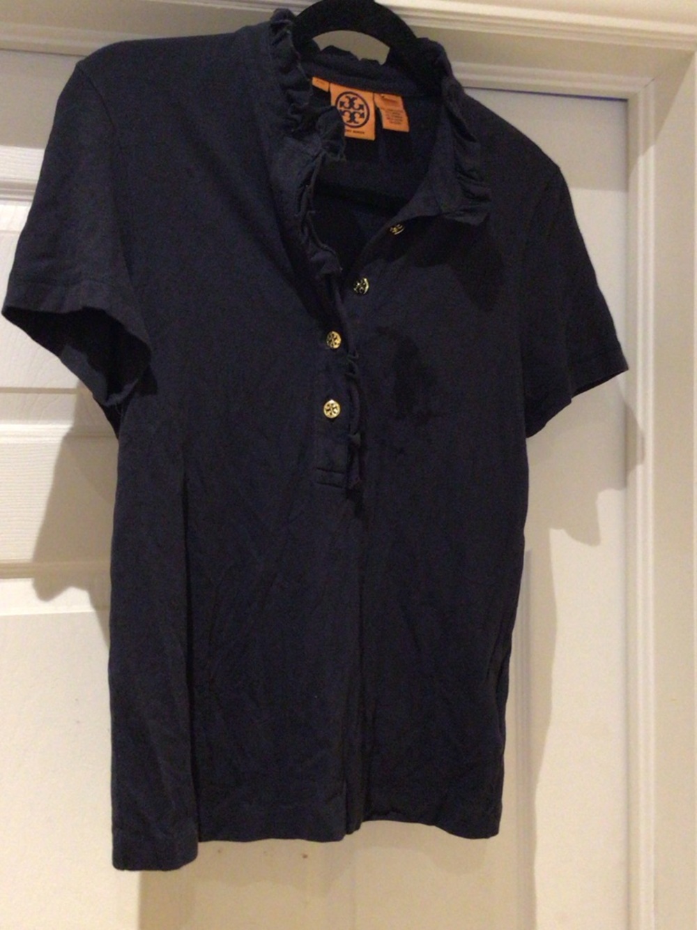 Tory Burch Navy Short-Sleeve Ruffle Polo Tee